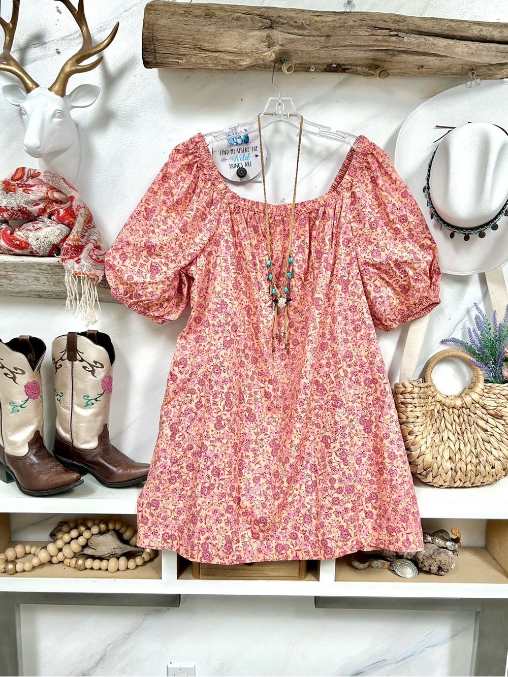 Off shoulder Puff-Sleeve floral boho Dress w resort vacay beach cottagecore vibe